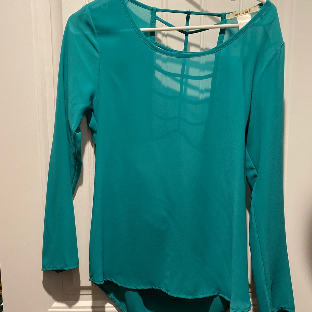 Teal long sleeve open back blouse by Miami